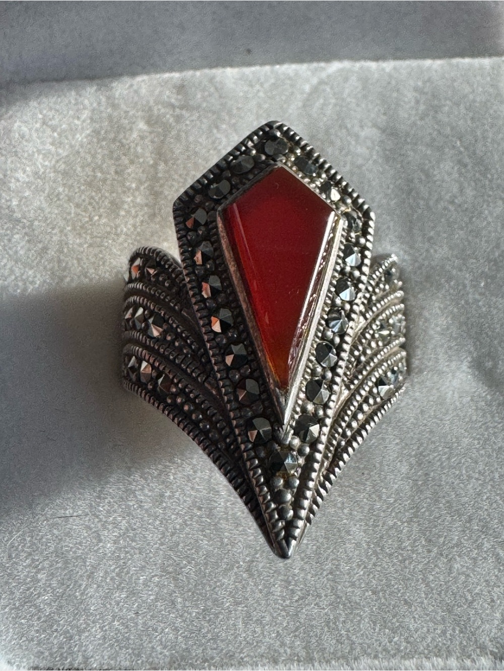 925 Stamped Art Deco style ring with Red Geometric Stone - size 6